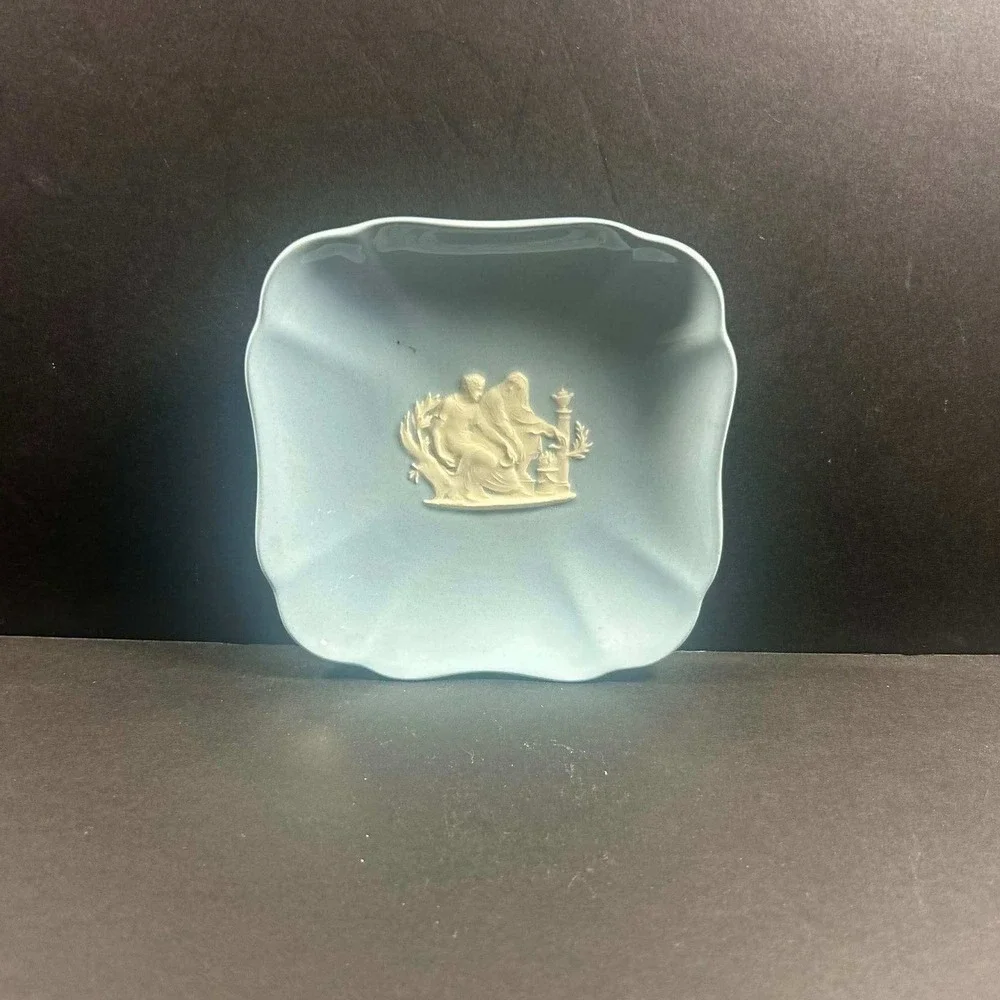 Wedgwood Trinket Dish Blue Embossed Queens Ware Neoclassical Square Vintage 4.5